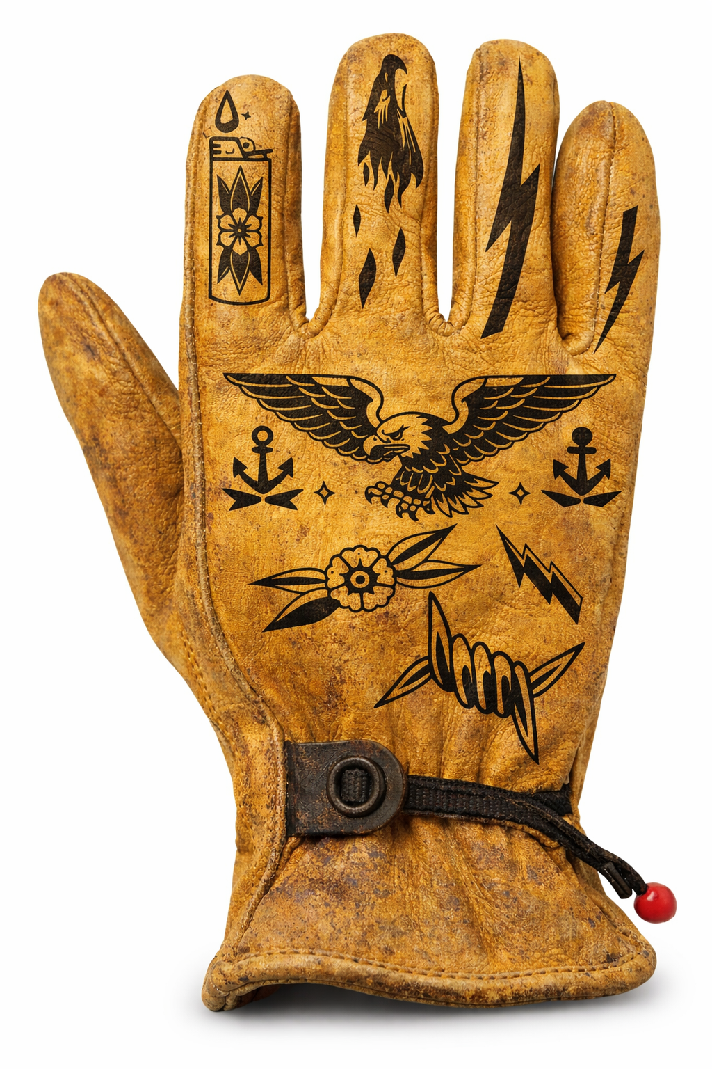 Leather Mortorcycle Glove - Custom Flash Tattoo Design