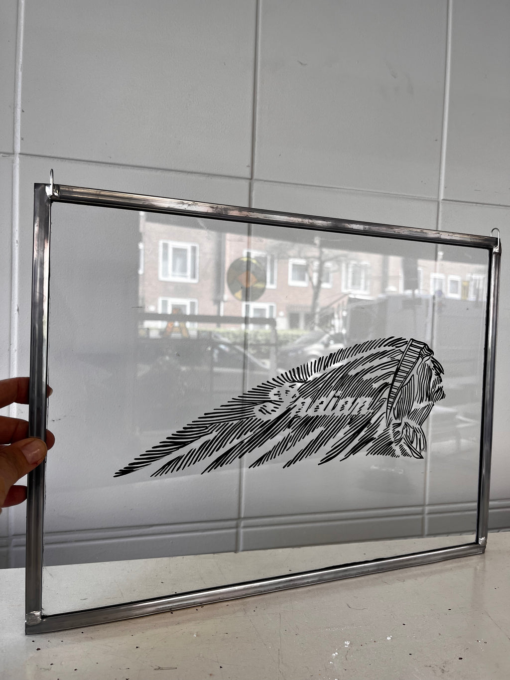 Indian Motorcycle on glass. Hand-painted. Old-school. One of two - Dutch on Wheels