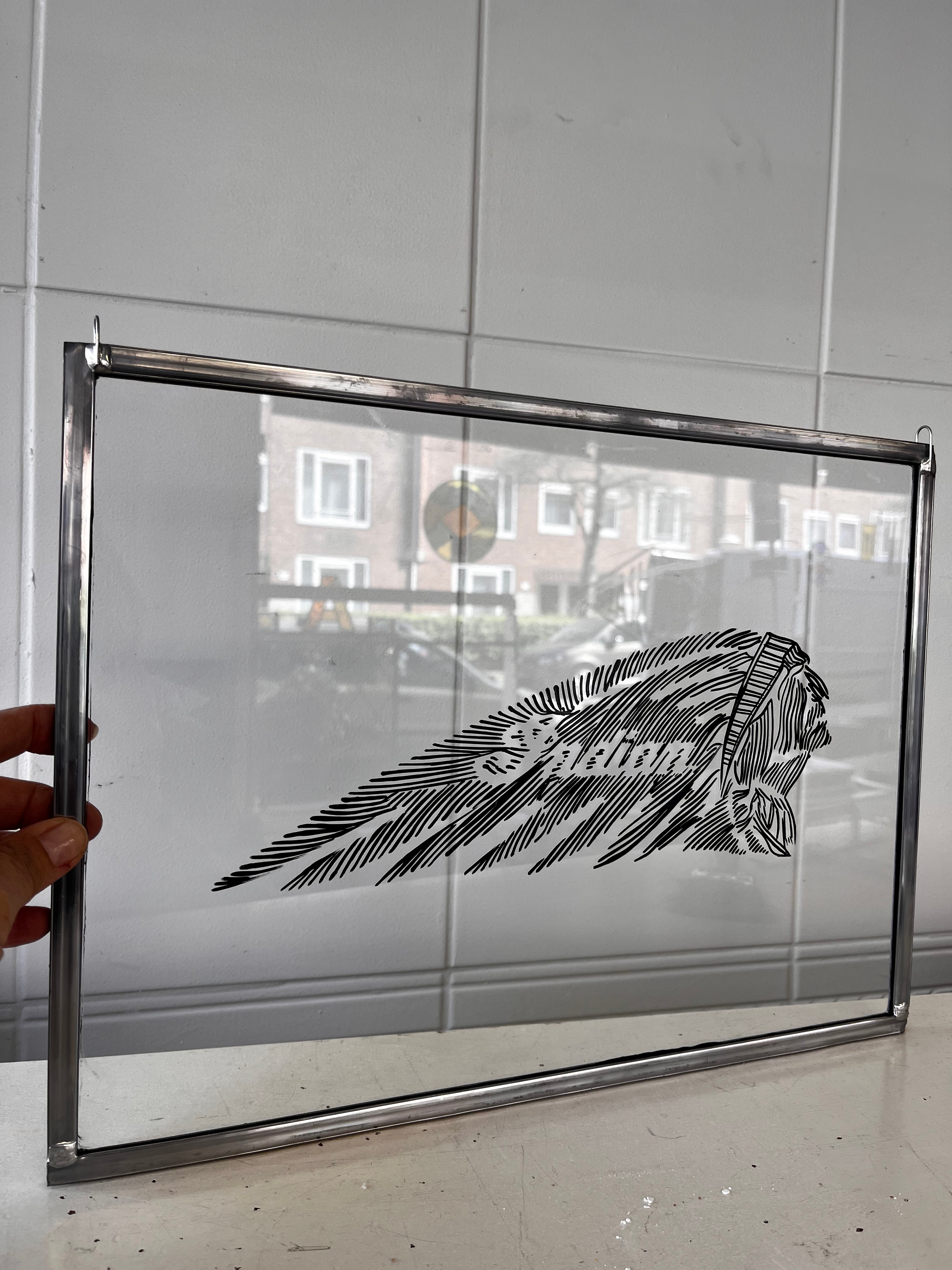 Indian Motorcycle on glass. Hand-painted. Old-school. One of two - Dutch on Wheels