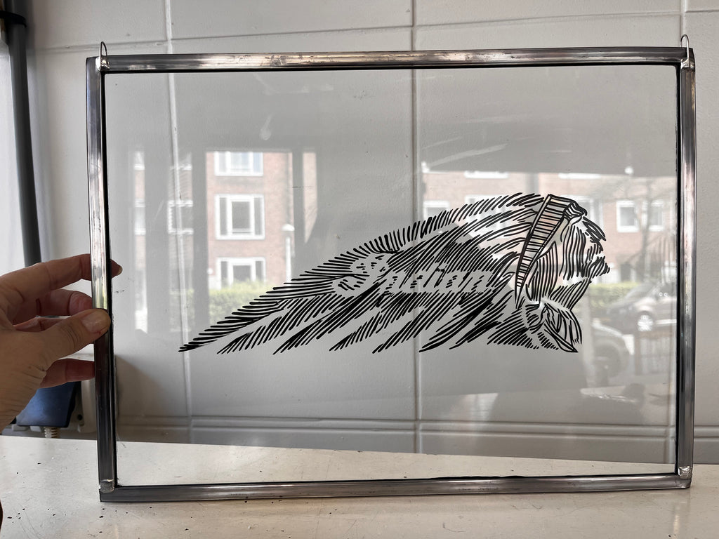 Indian Motorcycle on glass. Hand-painted. Old-school. One of two - Dutch on Wheels