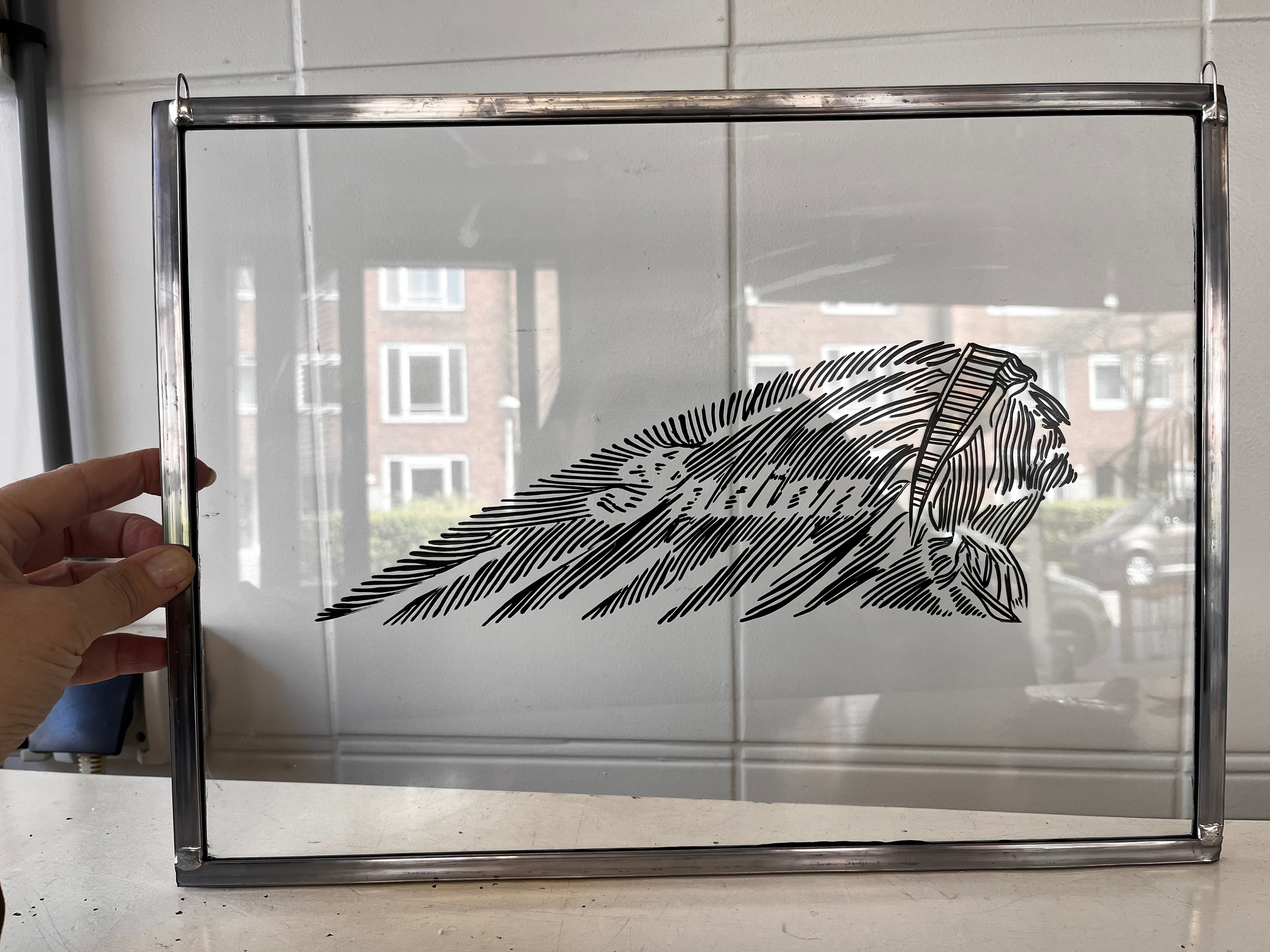 Indian Motorcycle on glass. Hand-painted. Old-school. One of two - Dutch on Wheels