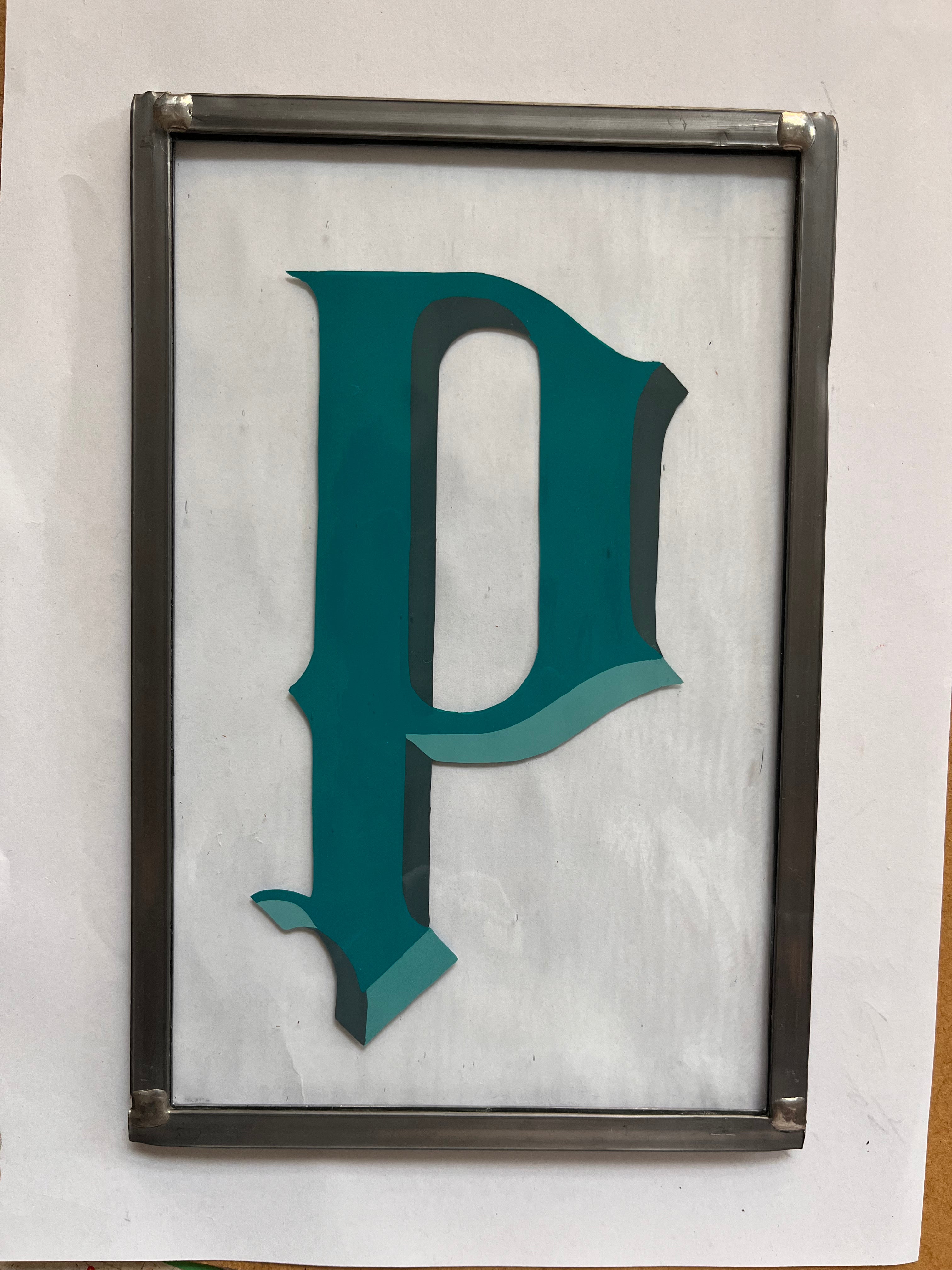 Custom Hand-Painted letter P on stealed glass